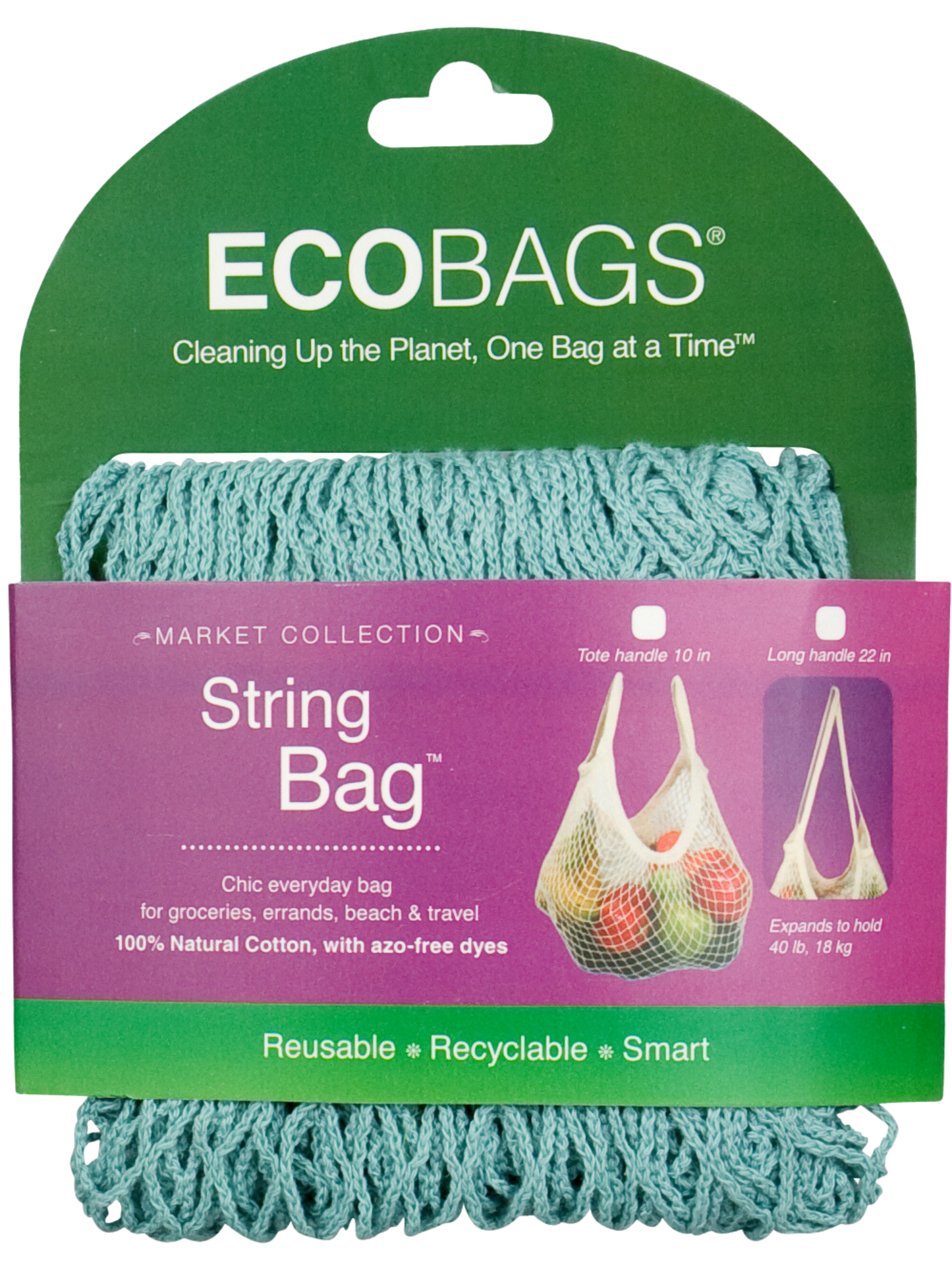 stock image of packaged string bag in washed blue