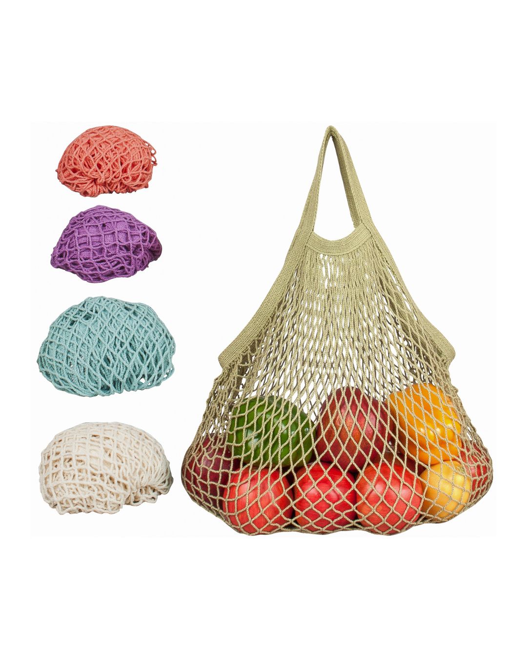 sage green Net produce bag with colorful fruits and vegetables, surrounded by four different colored mesh bags on a white background.