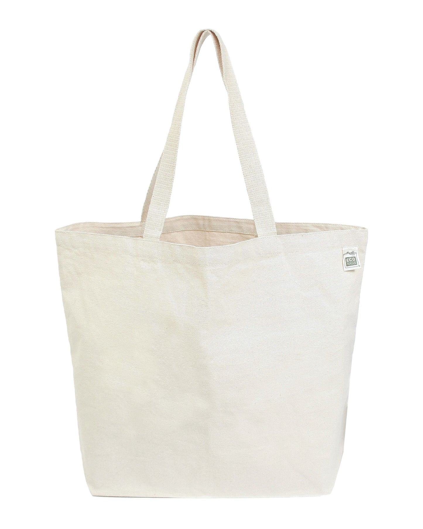 Large undyed natural recycled cotton canvas tote bag with visible ECOBAGS brand logo