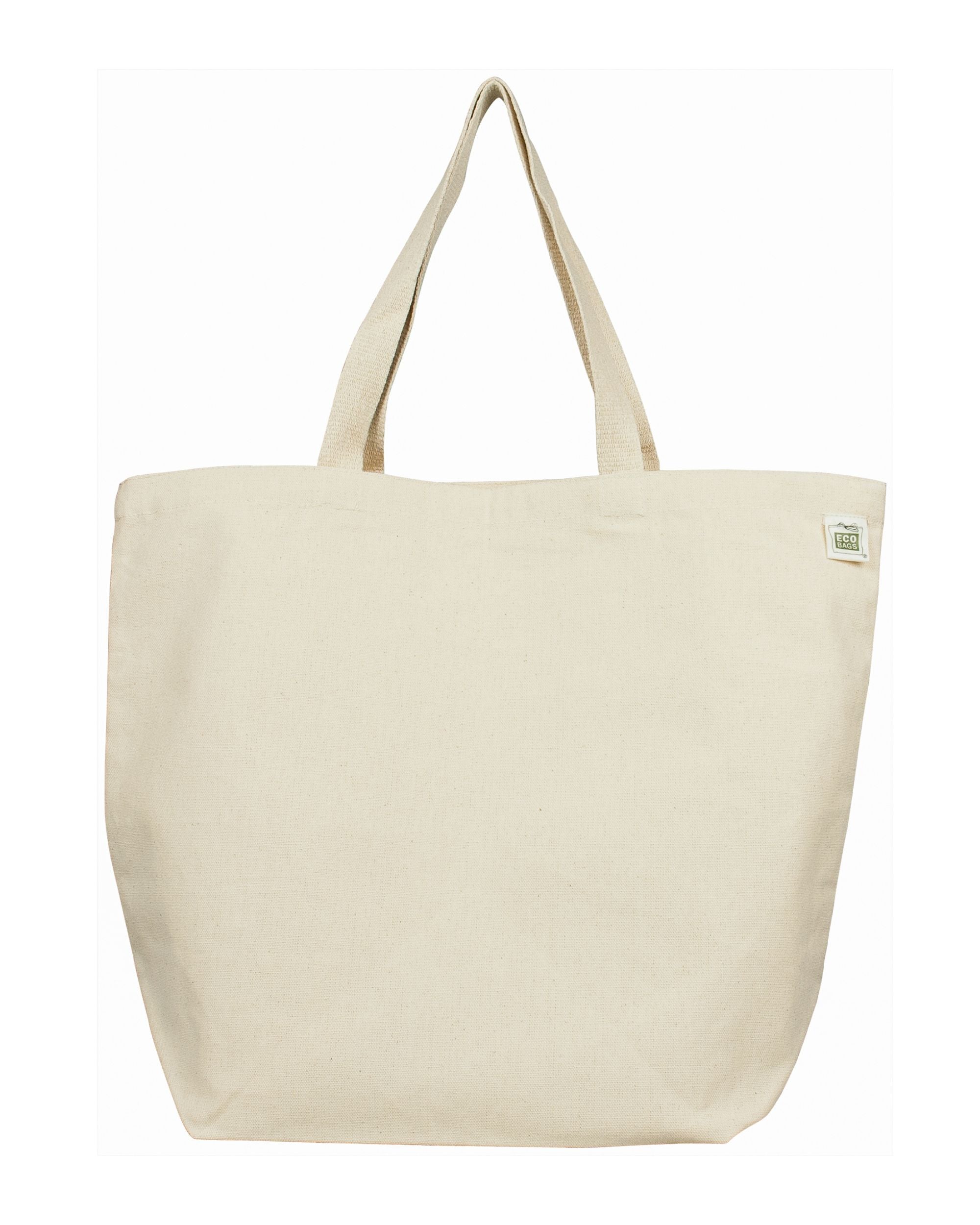 Large natural recycled cotton tote against white background