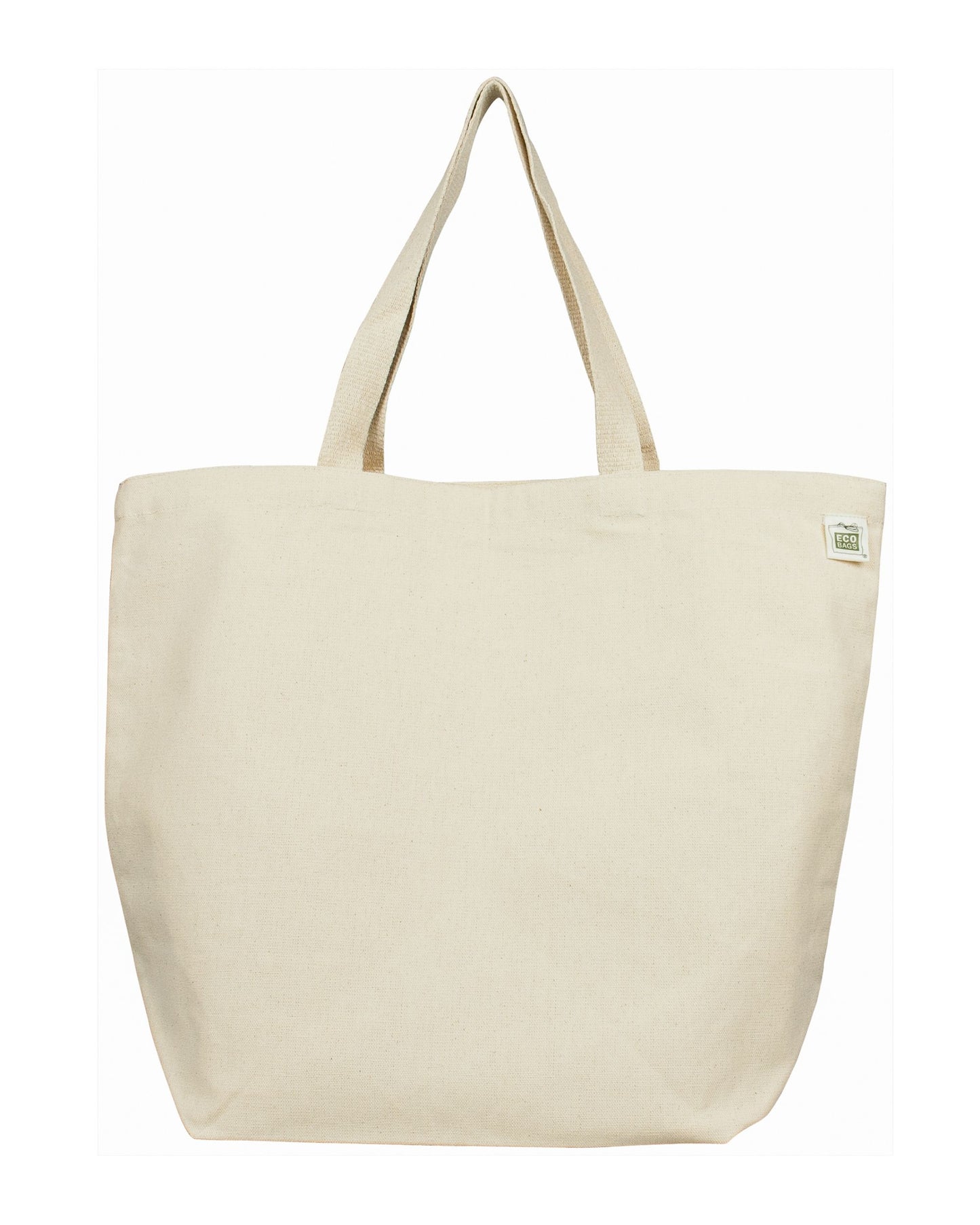 Large natural recycled cotton tote against white background