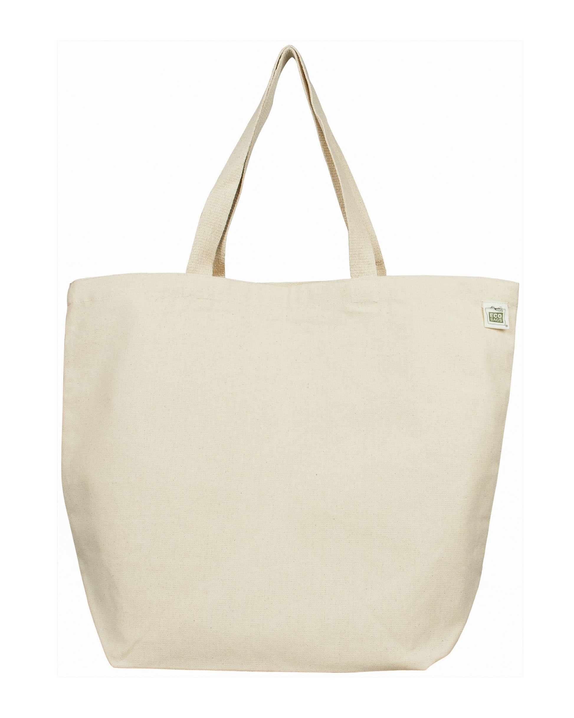 Large natural recycled cotton tote against white background