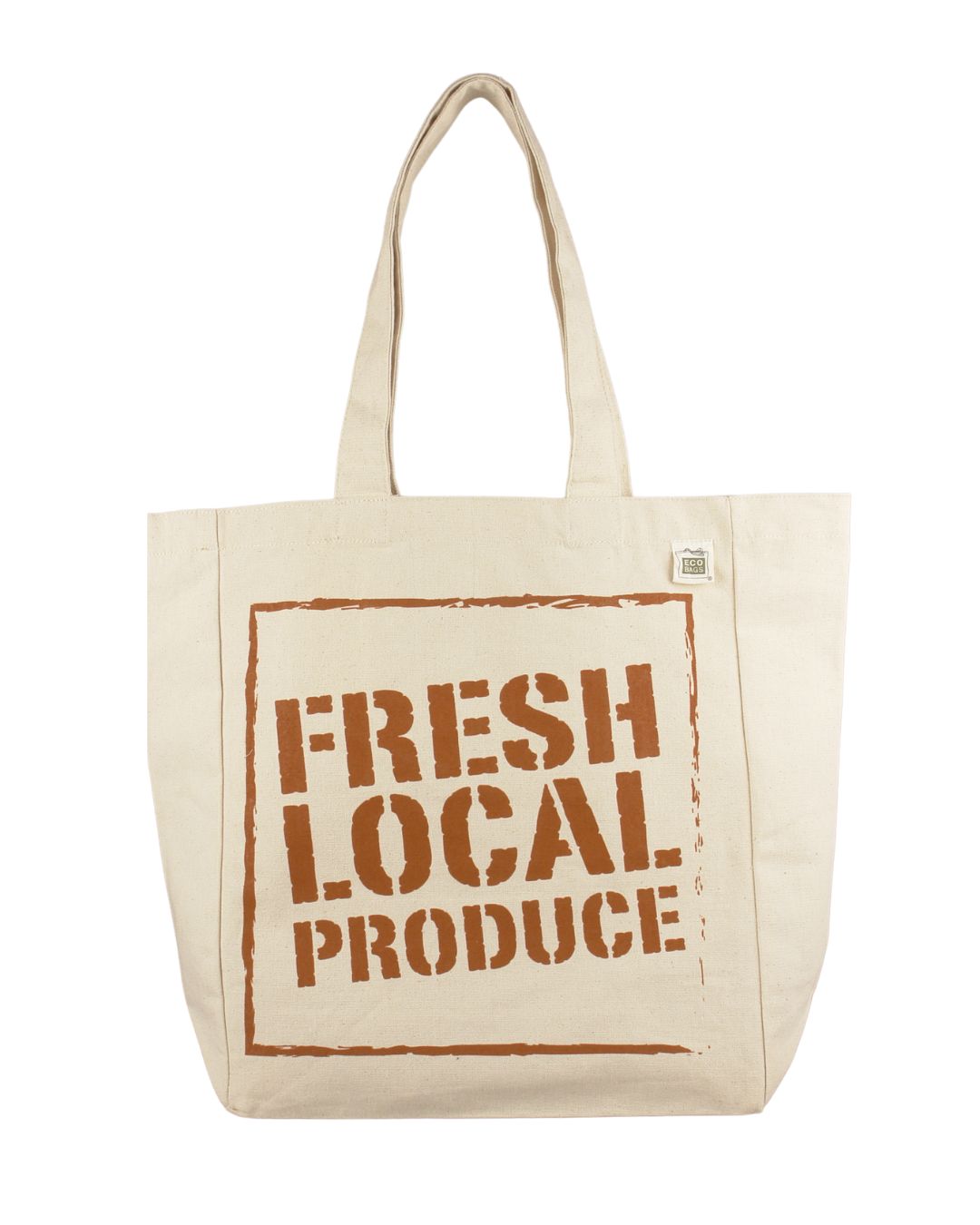 Beige tote bag with 'Fresh Local Produce' text on a white background