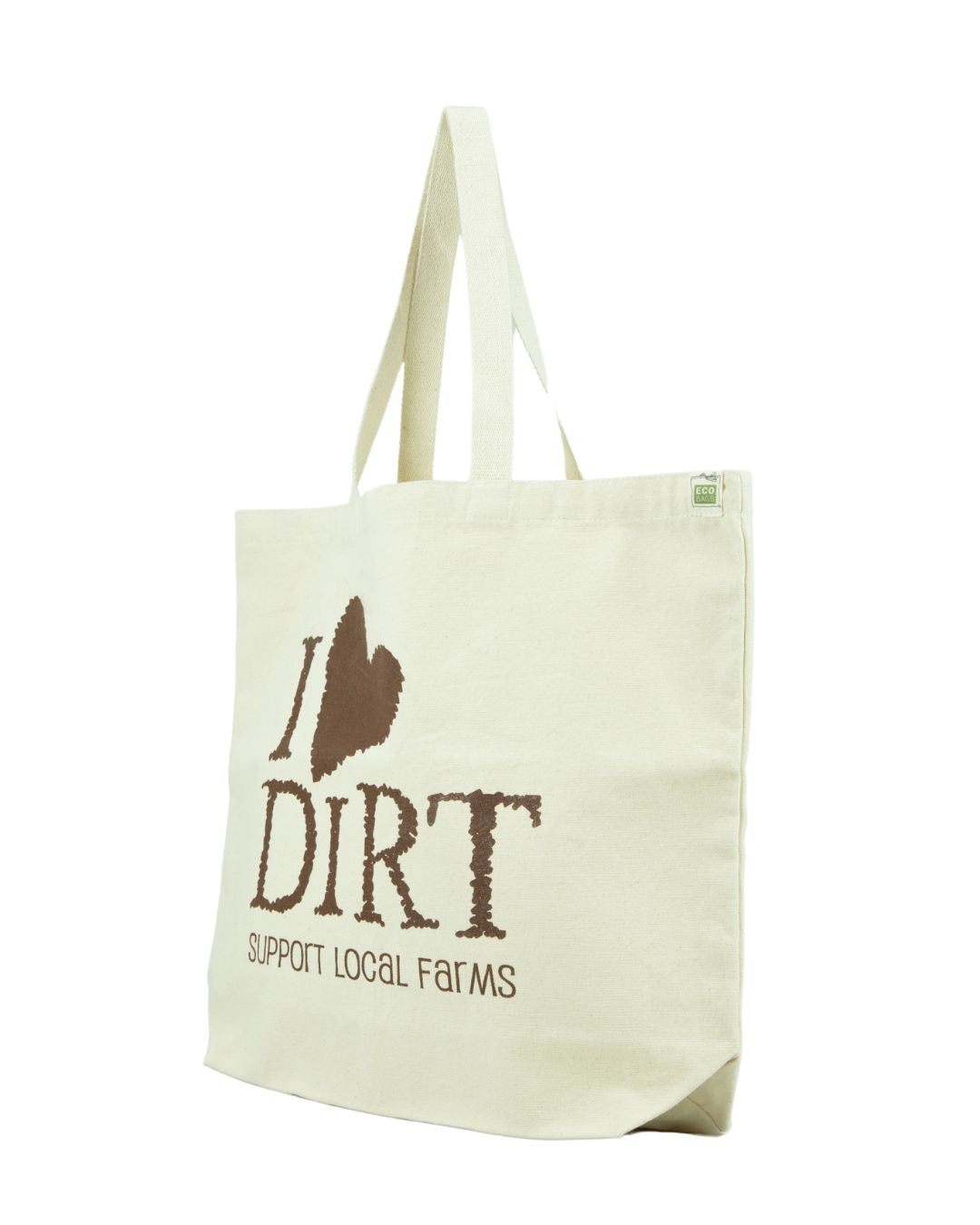 Beige tote bag with 'I Love Dirt' text on a white background