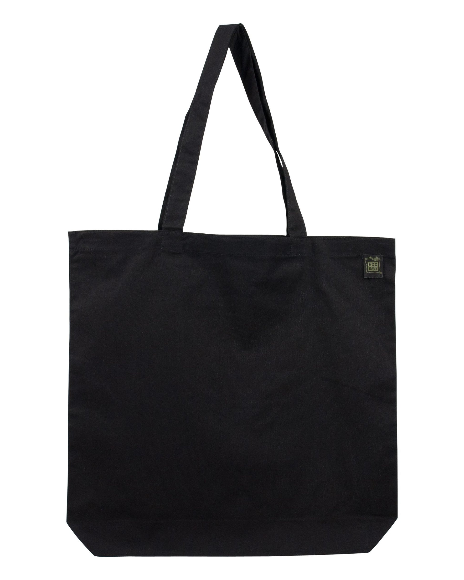Black tote bag with a visible brand logo on a white background