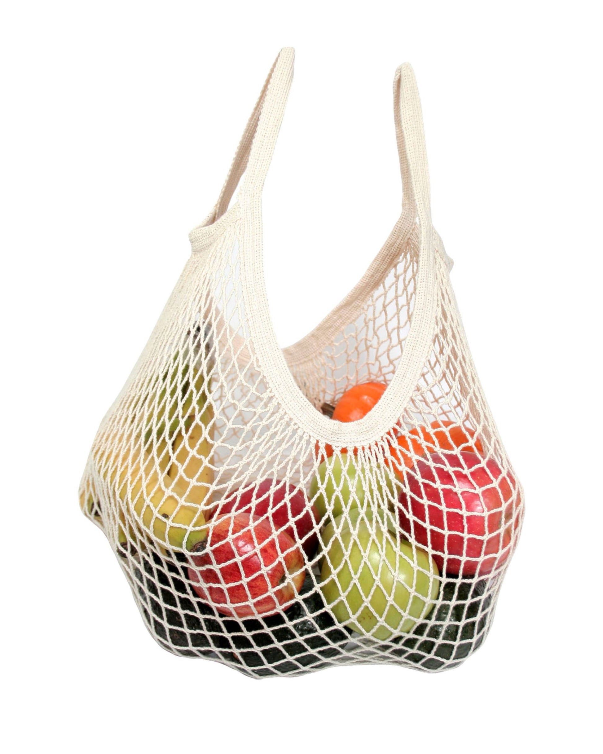Recycled cotton french Net grocery bag filled with fruits on a white background