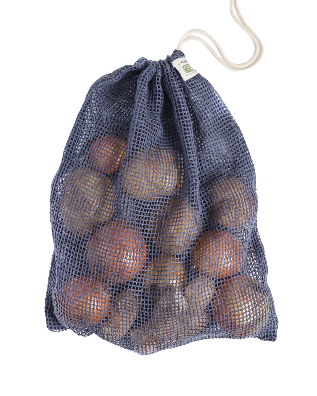 Dark Storm Blue mesh bag filled with brown onions on a white background
