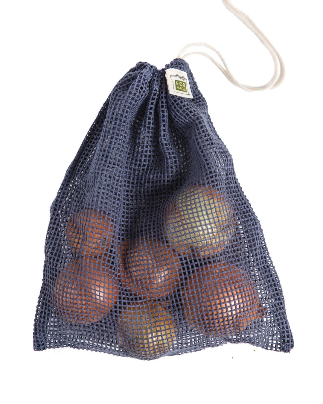 Dark Blue mesh produce bag with potatoes on a white background