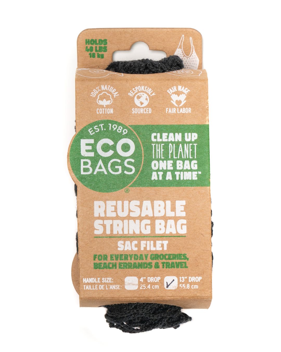 black Reusable string bag in package with eco-friendly branding on a white background