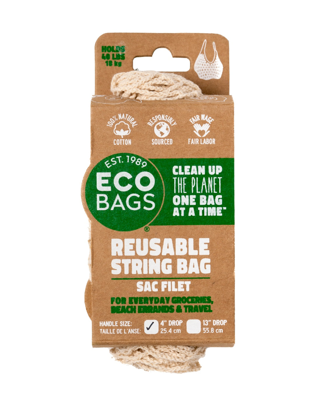 natural colored Reusable string bag in packaging with eco-friendly branding on a white background