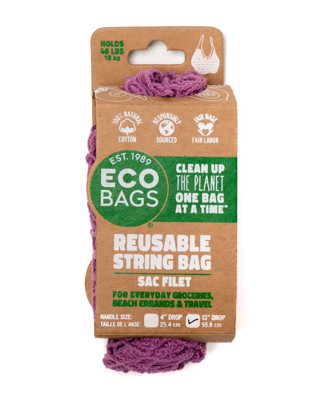 Cranbery Packaged reusable string bag with eco-friendly branding on a white background