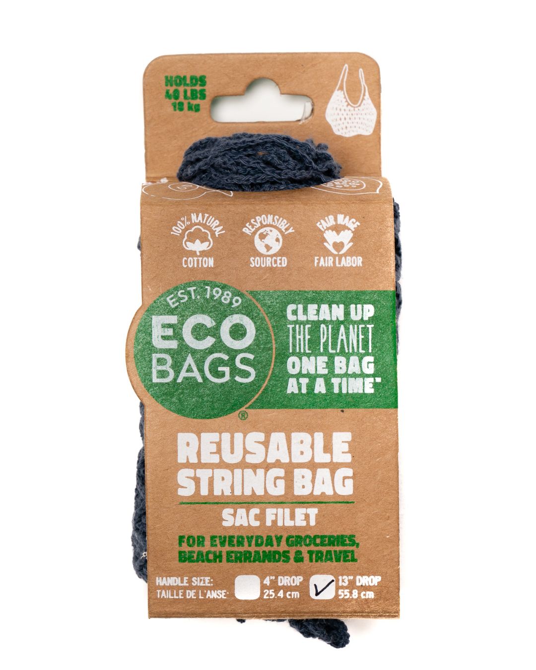 navy blue Eco-friendly reusable string bag in package with text on a white background