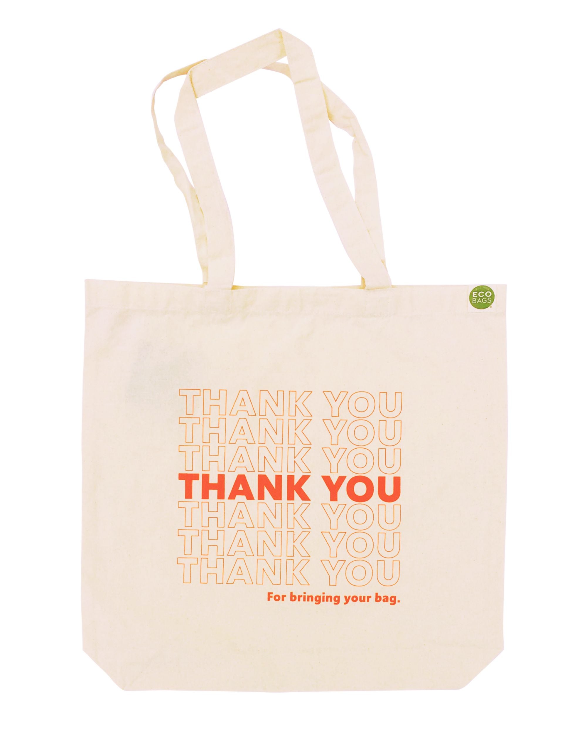 Beige tote bag with 'THANK YOU' text in red on a white background