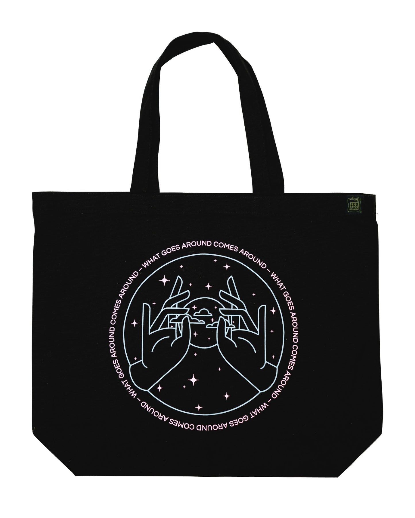 Black tote bag with pink and blue graphic design on a white background