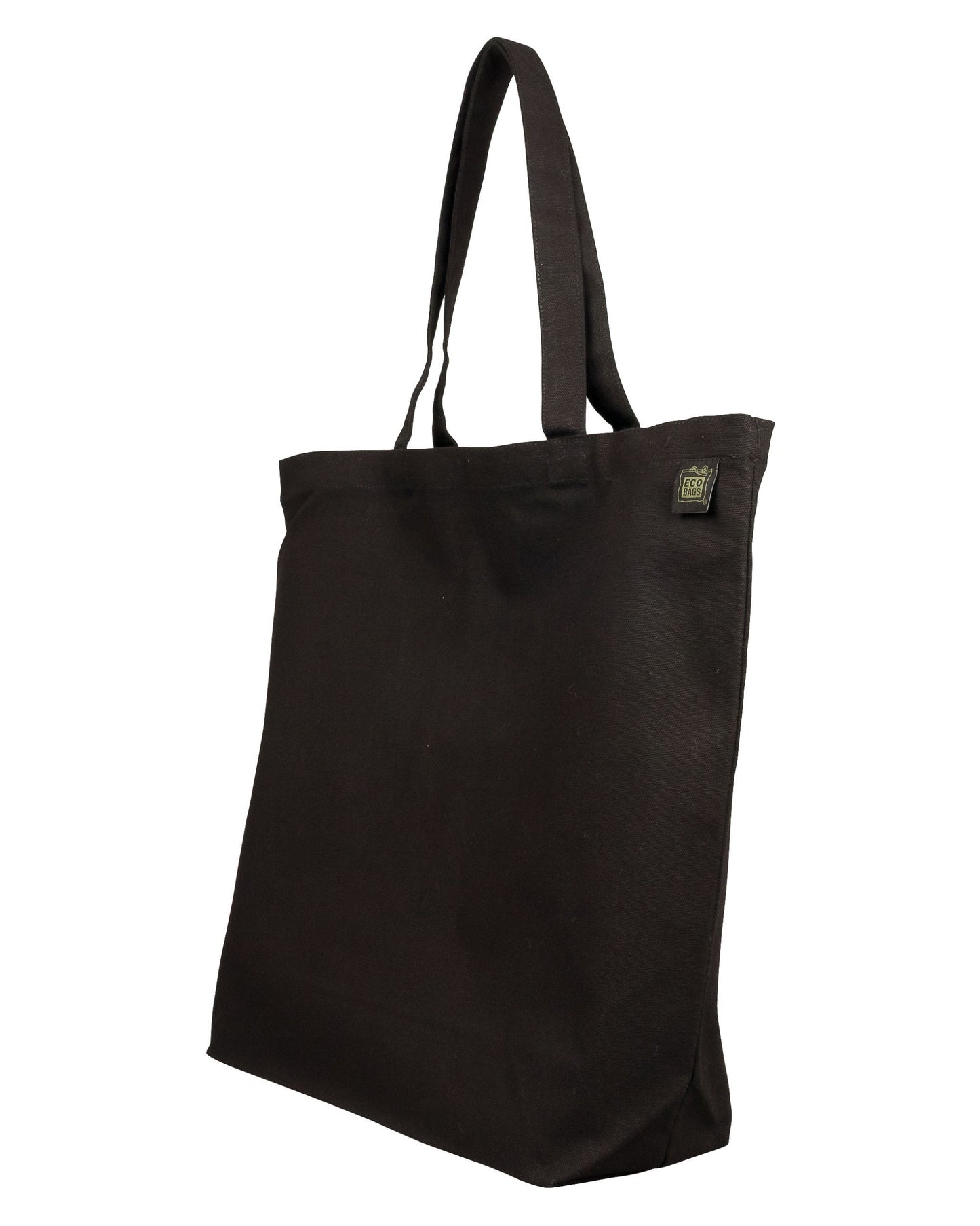 Side view of a black cotton canvas tote bag with a visible ECOBAGS logo on a white background