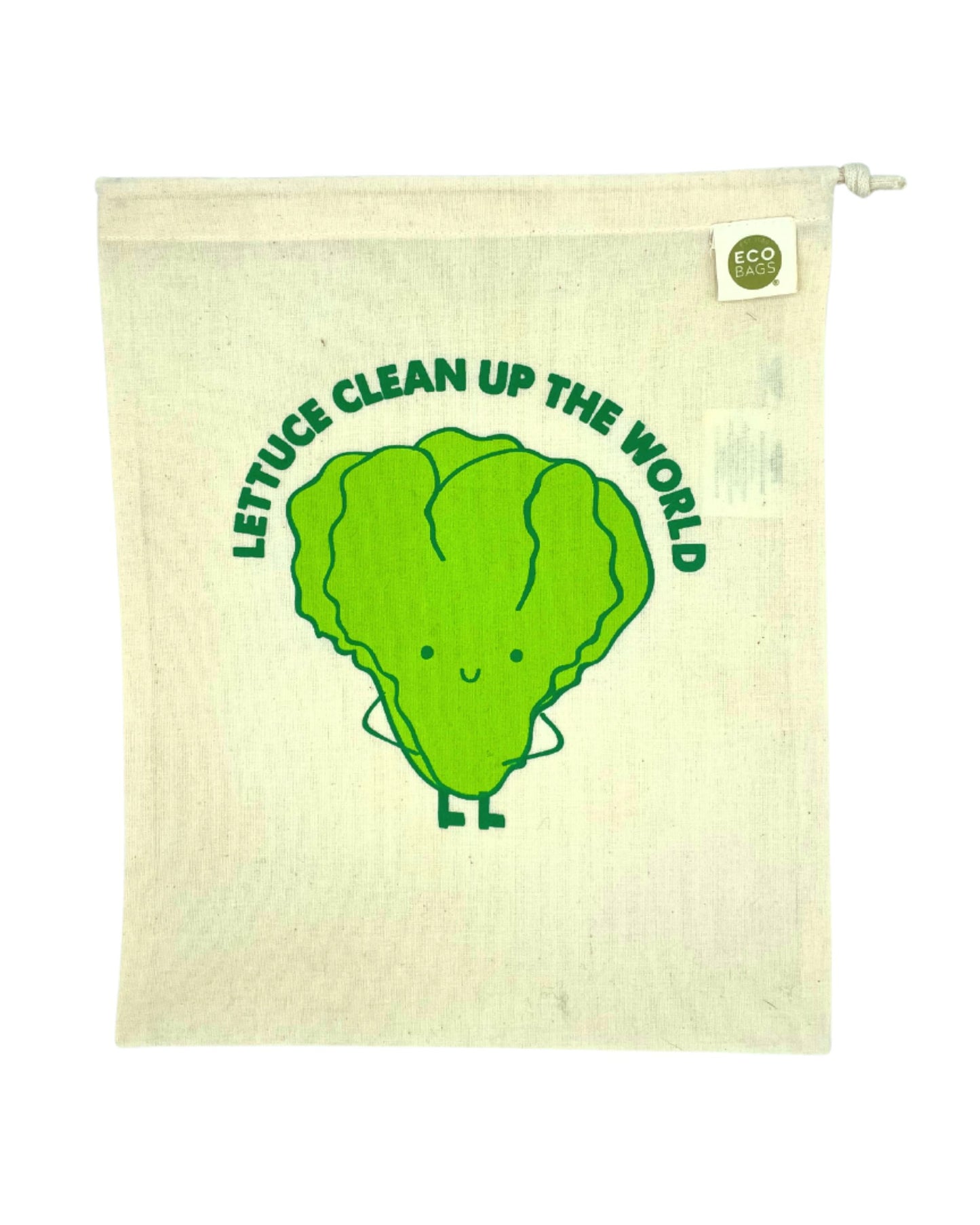 Beige drawstring bag with a green lettuce graphic and text on a white background