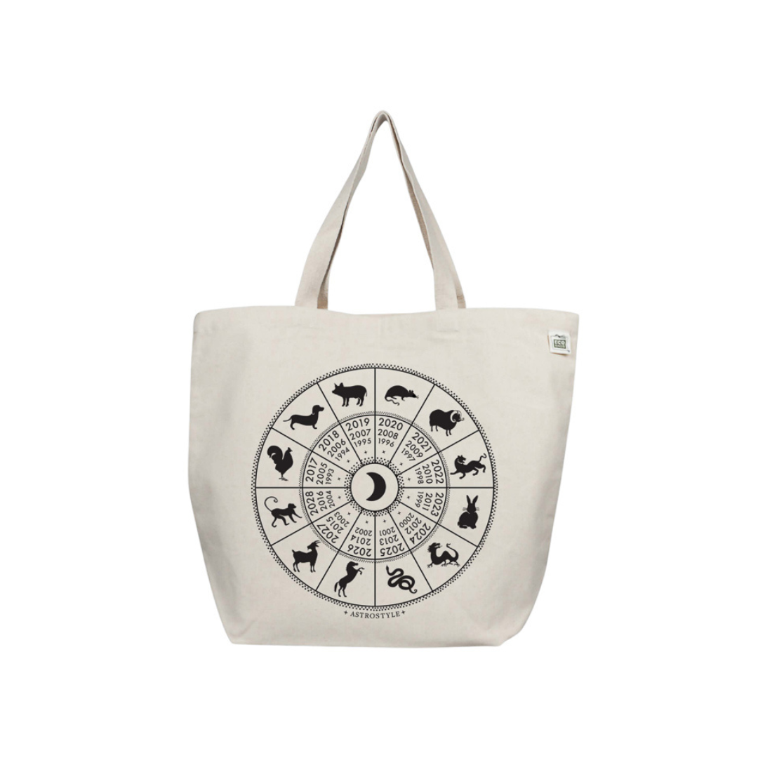 A beige cotton tote bag featuring a black printed Chinese Zodiac wheel design.