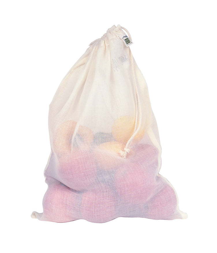 An ultra lightweight gauze cotton bag holds produce against a white background