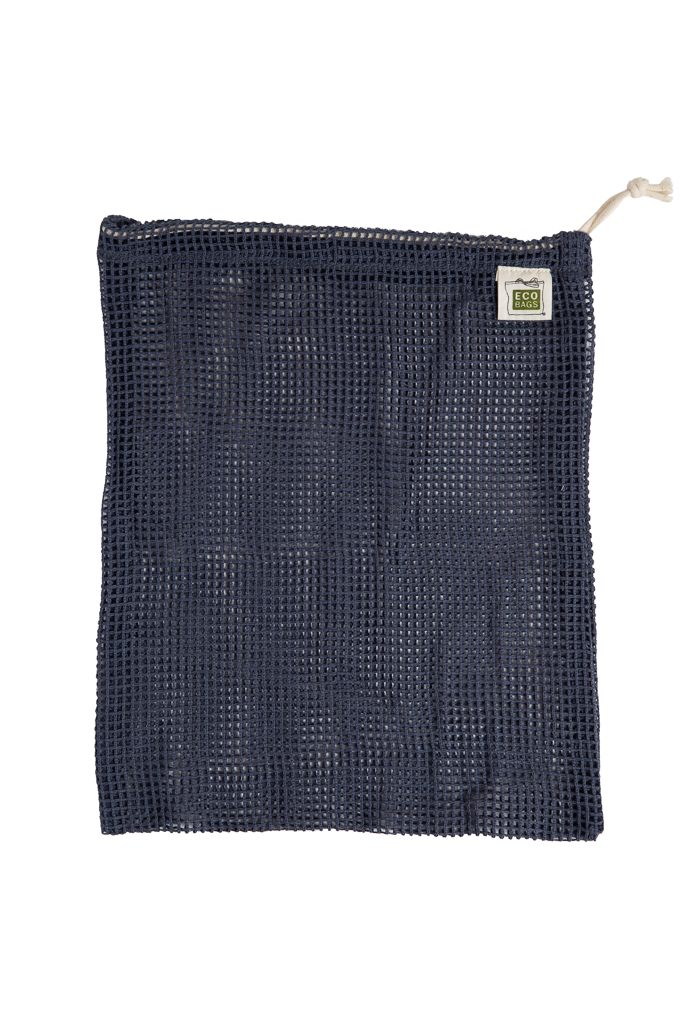 A deep navy Storm Blue ECOBAGS mesh produce bag lays flat against a white surface