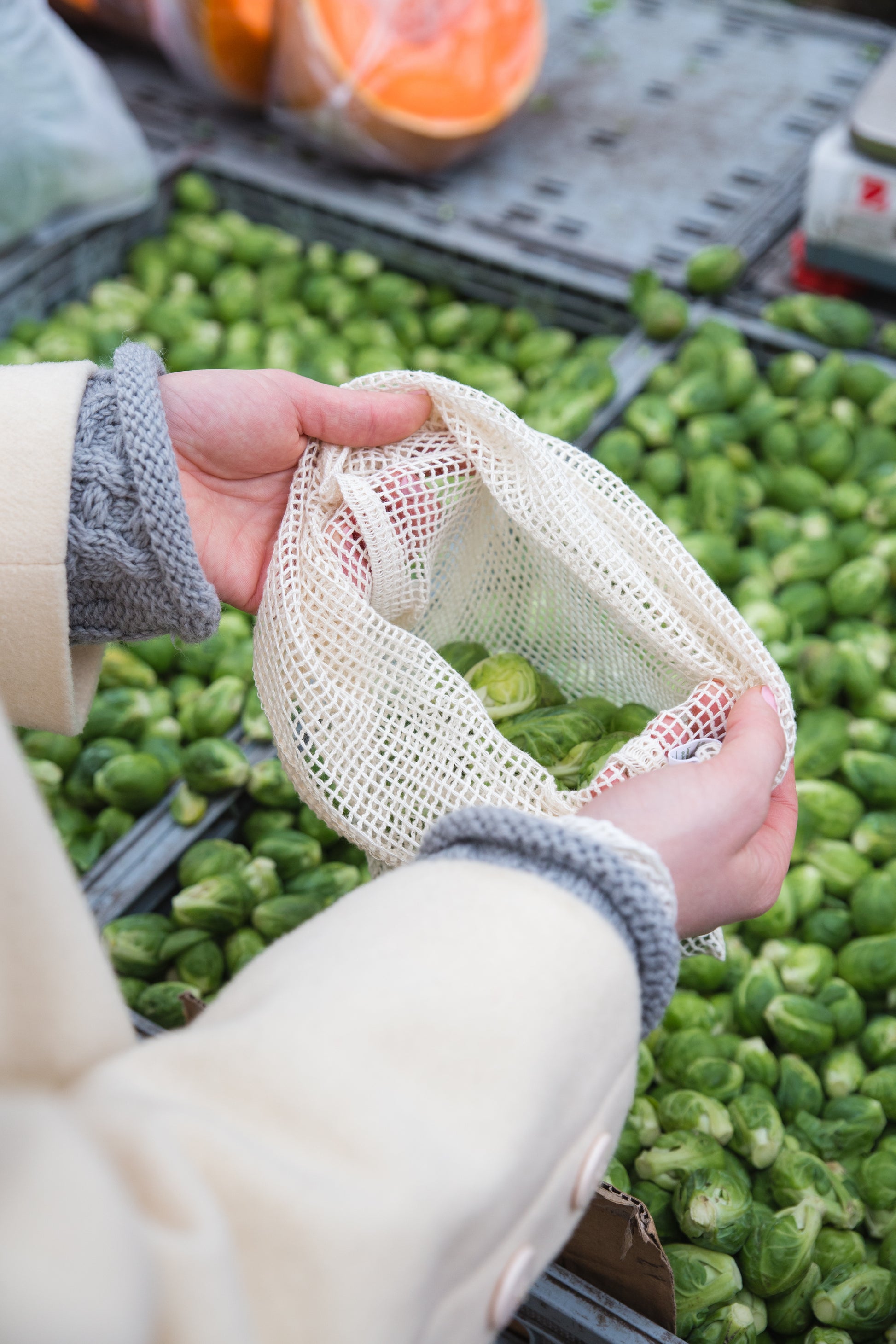 A person holds a natural colored, cotton mesh bag containing brussel sprouts. Behind them are flats of more veggies.