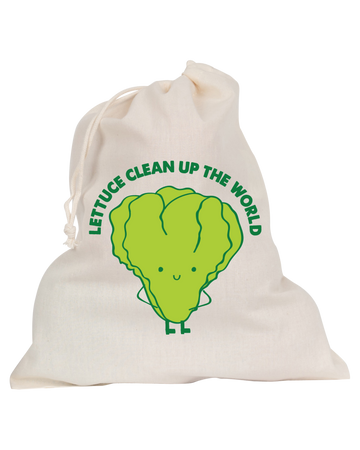 Medium organic produce bag with text 'LETUCE CLEAN UP THE WORLD' and a graphic of a smiling lettuce leaf.
