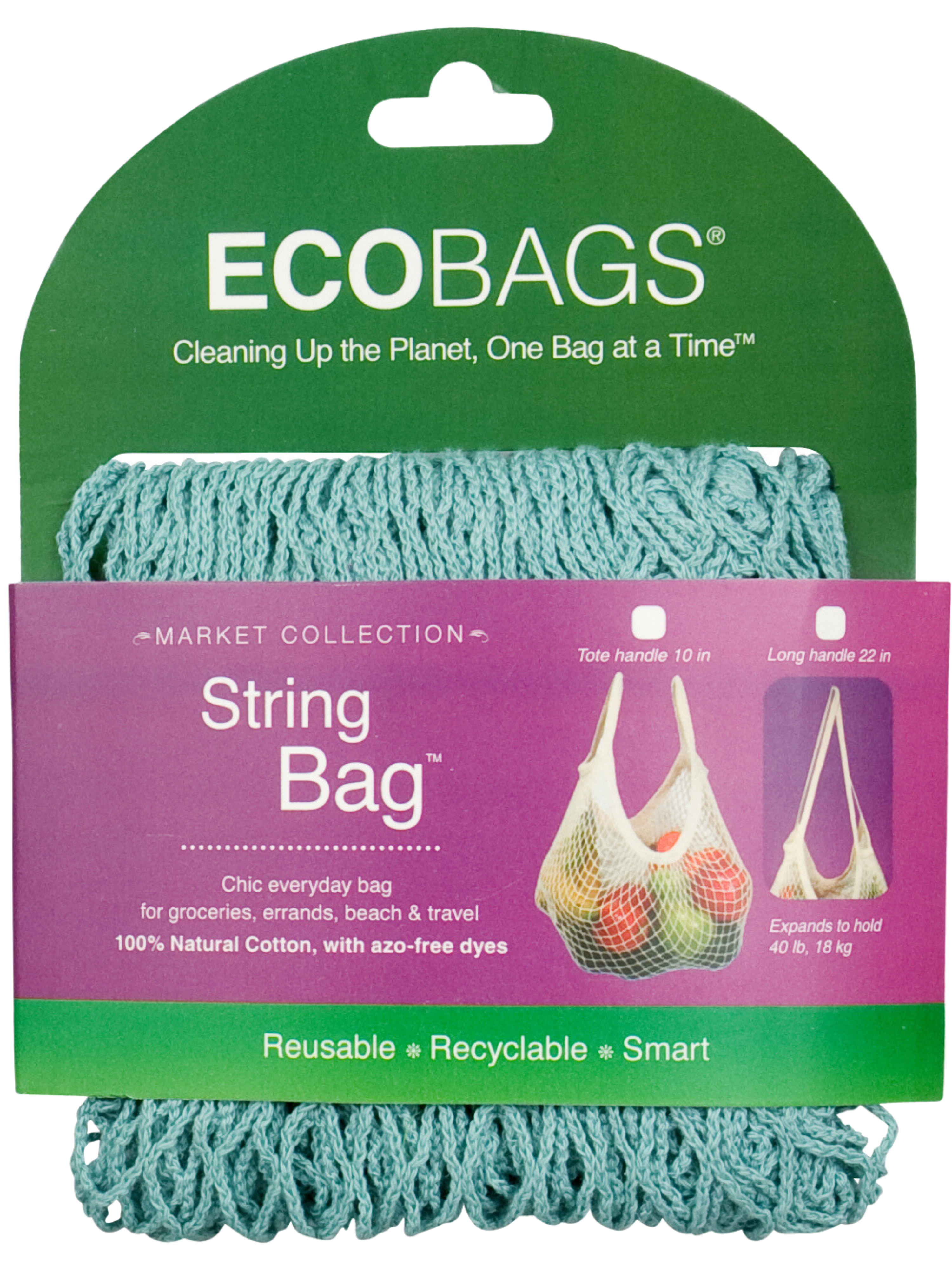 stock image of packaged string bag in washed blue