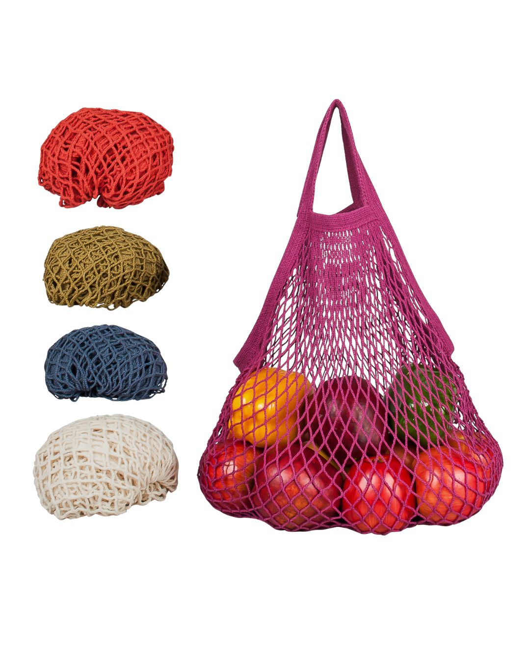 Reusable string bags in earth tone colors against a white background
