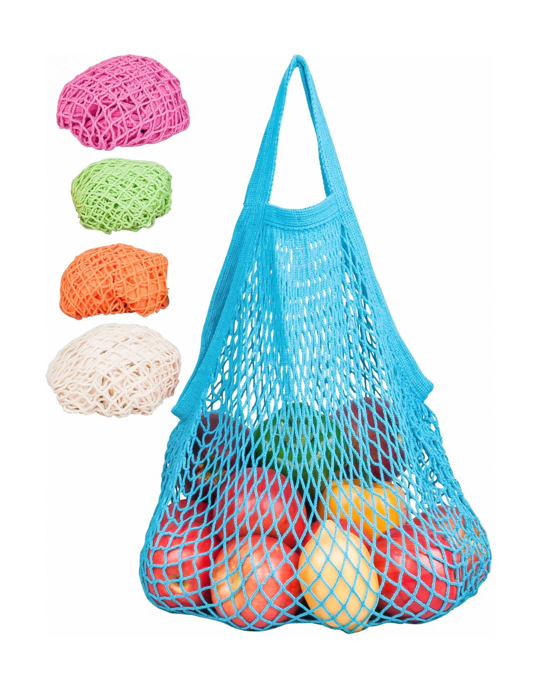 Bright tropical blue tote handle string bag holds a variety of fruits and vegetables. Next to it are four other balled up string bags.