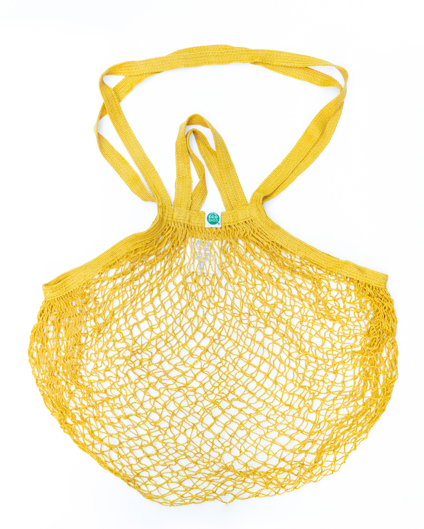 Yellow mesh bag with dual handles on a white background