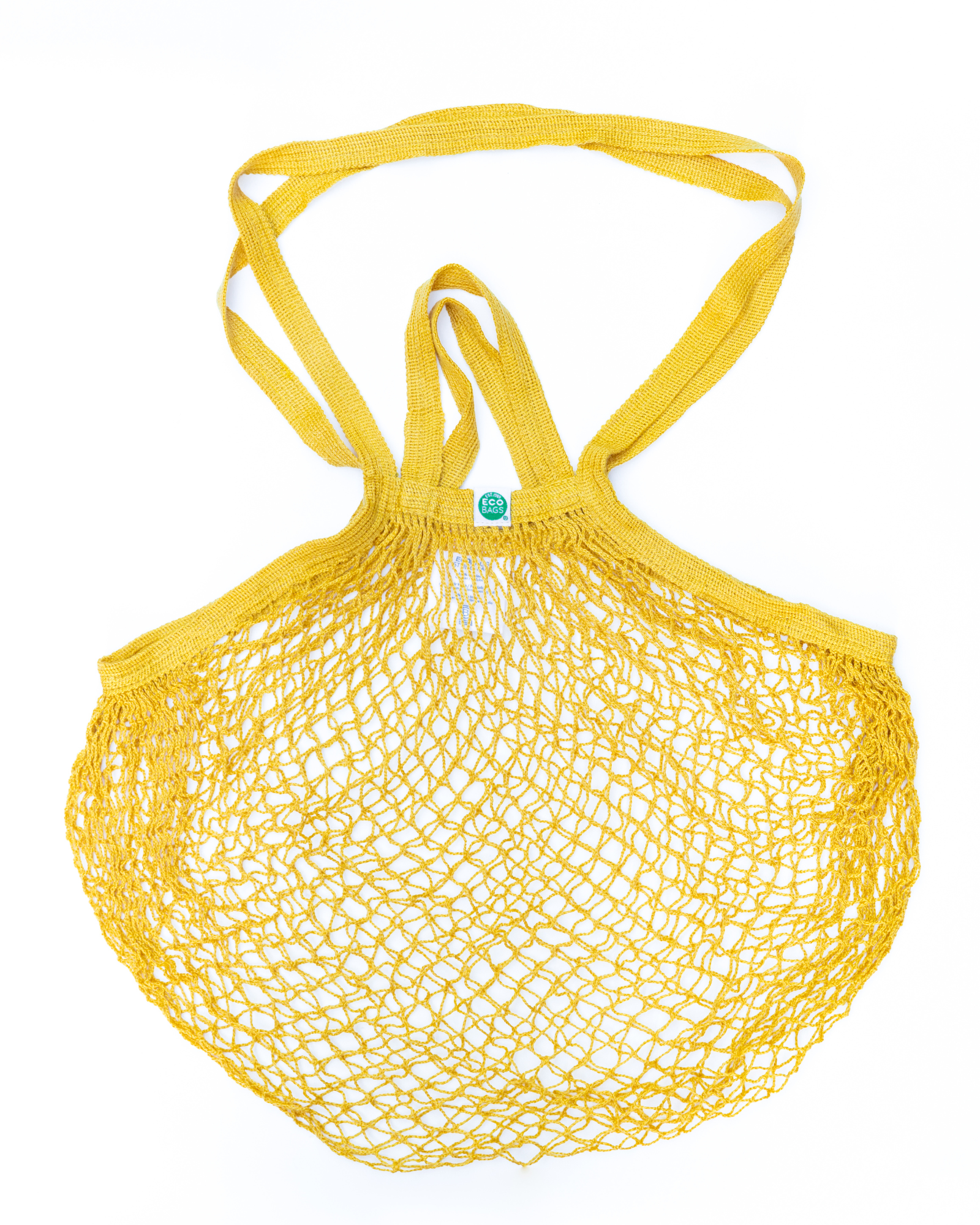 Yellow mesh bag with dual handles on a white background