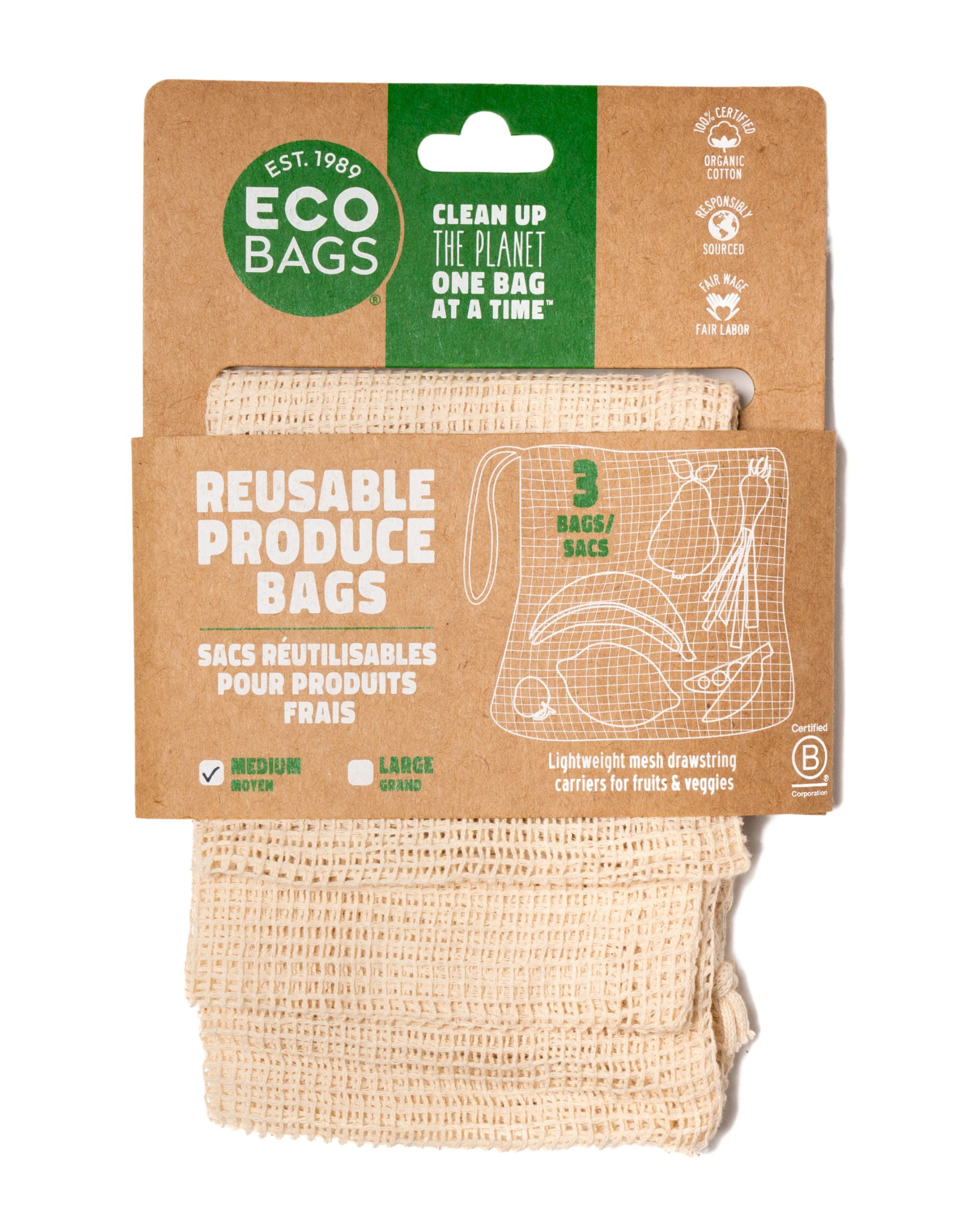 Packaged Organic Cotton Medium Mesh Bag - 3 Pack.