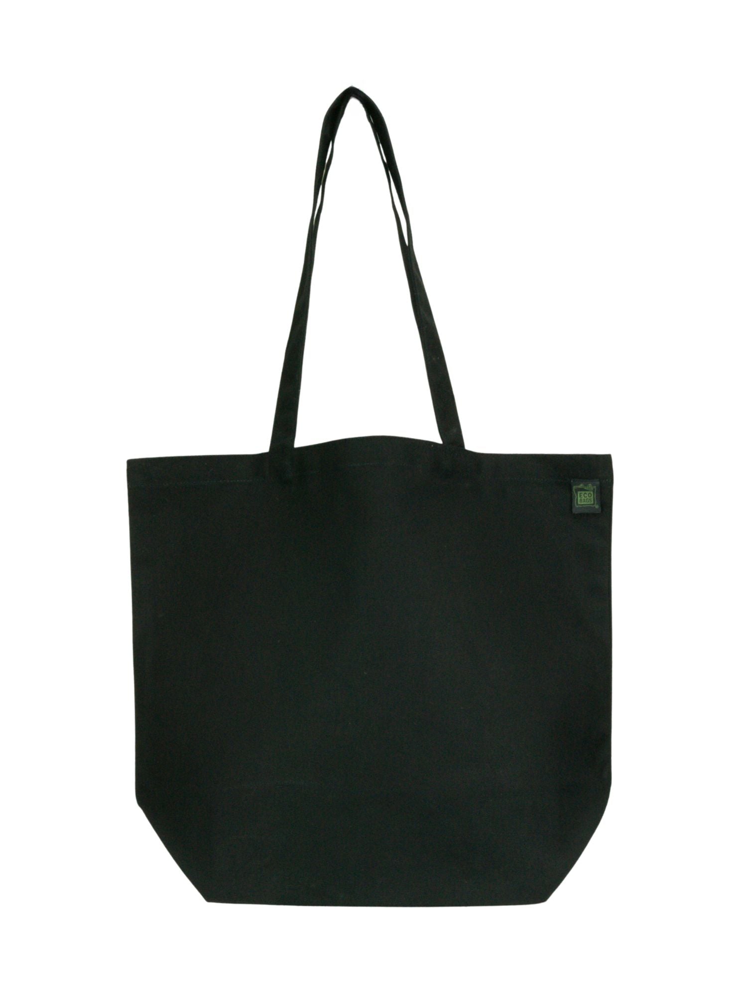 Large black tote bag with a small green logo on a white background