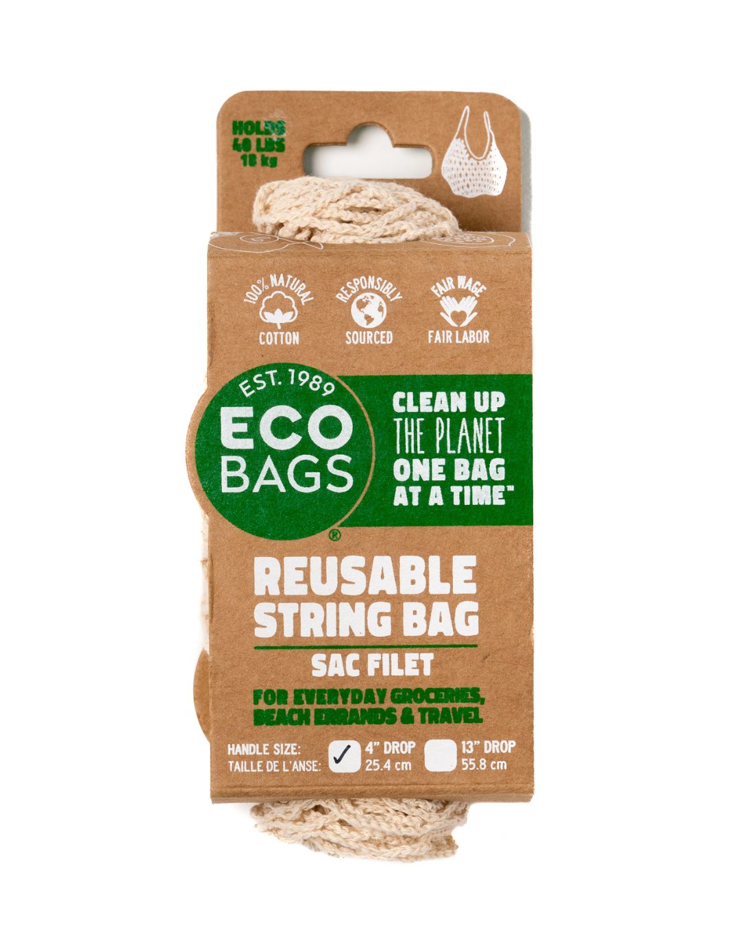 Packaged Natural Cotton String Bag - Tote Handle.