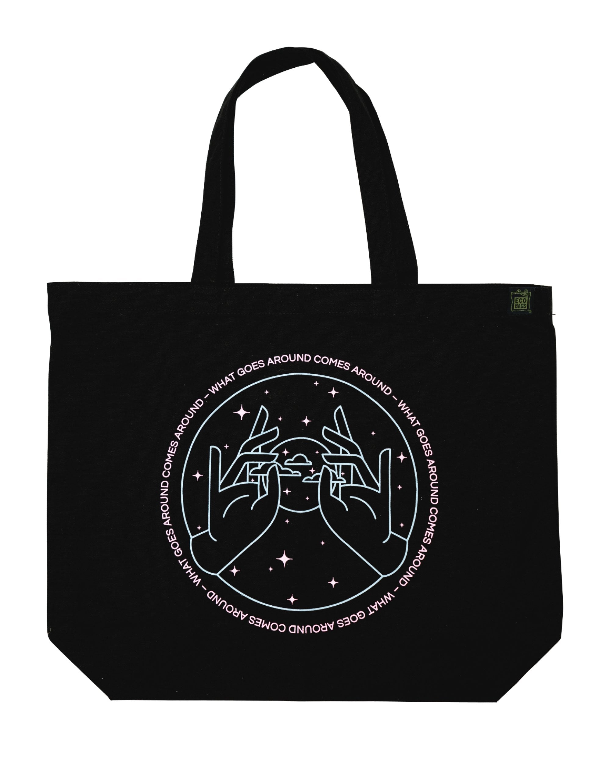 Black tote bag with pink and blue graphic design on a white background