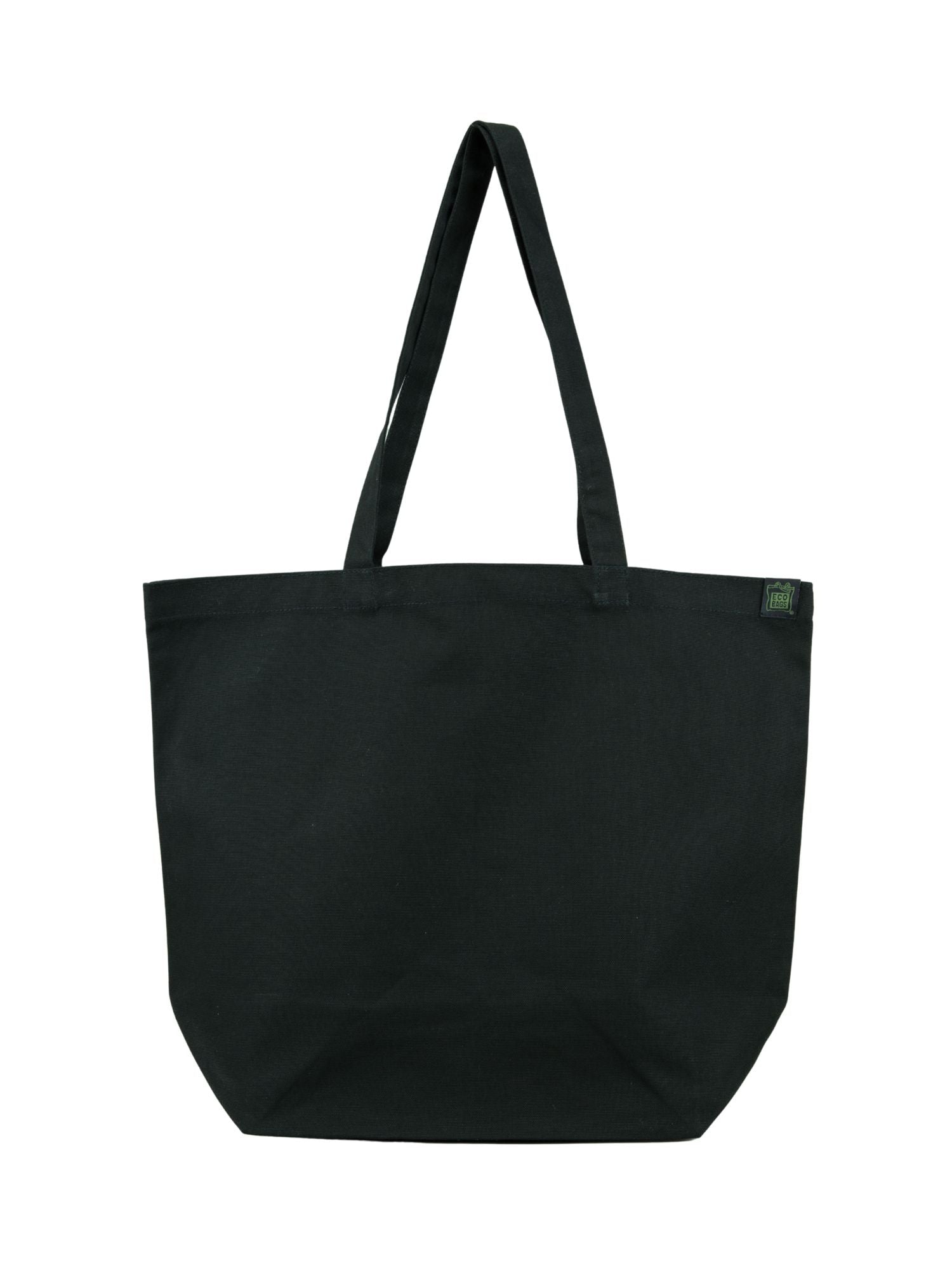 extra large black tote bag on a white background with a visible green and black logo