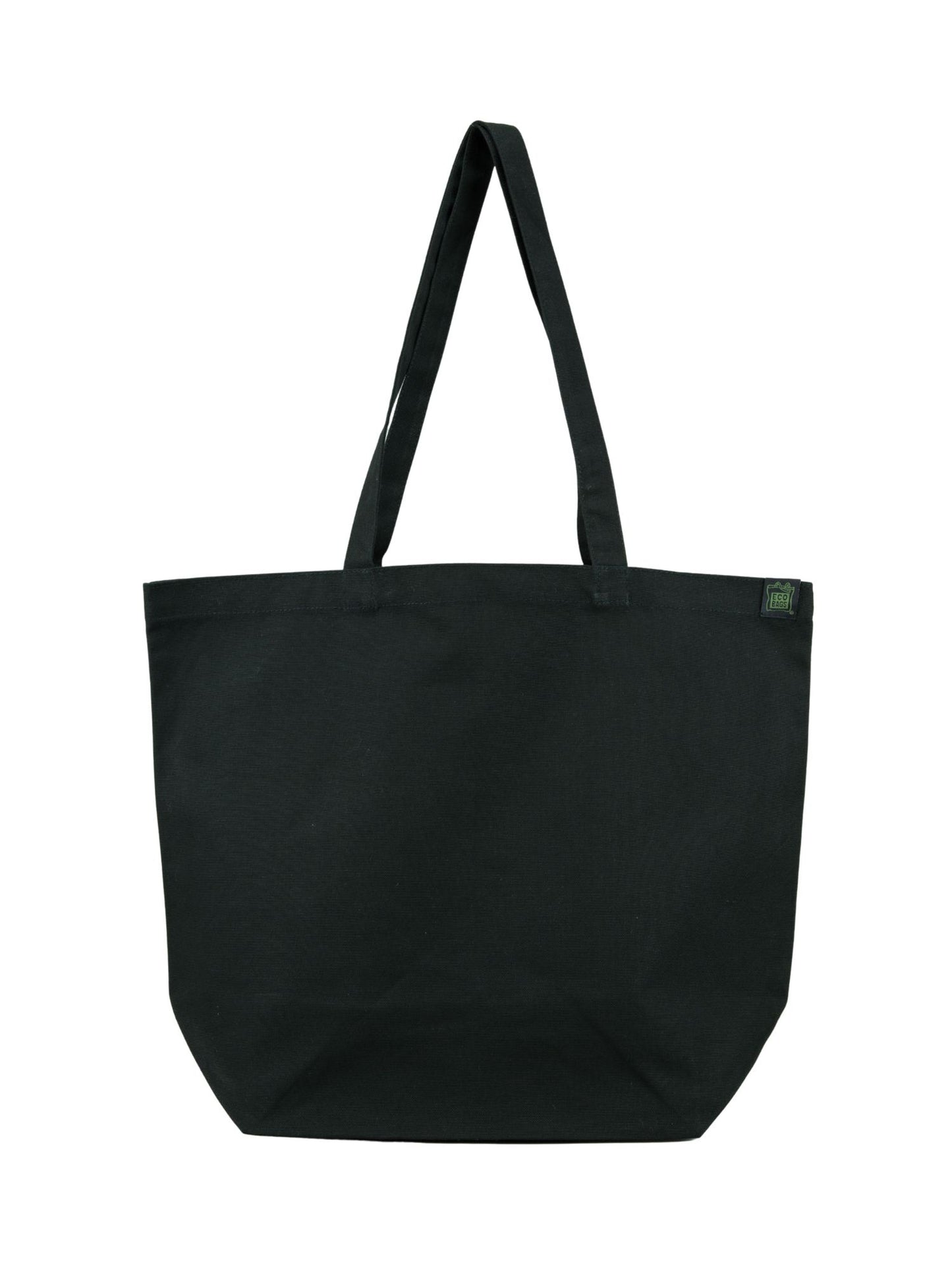 extra large black tote bag on a white background with a visible green and black logo