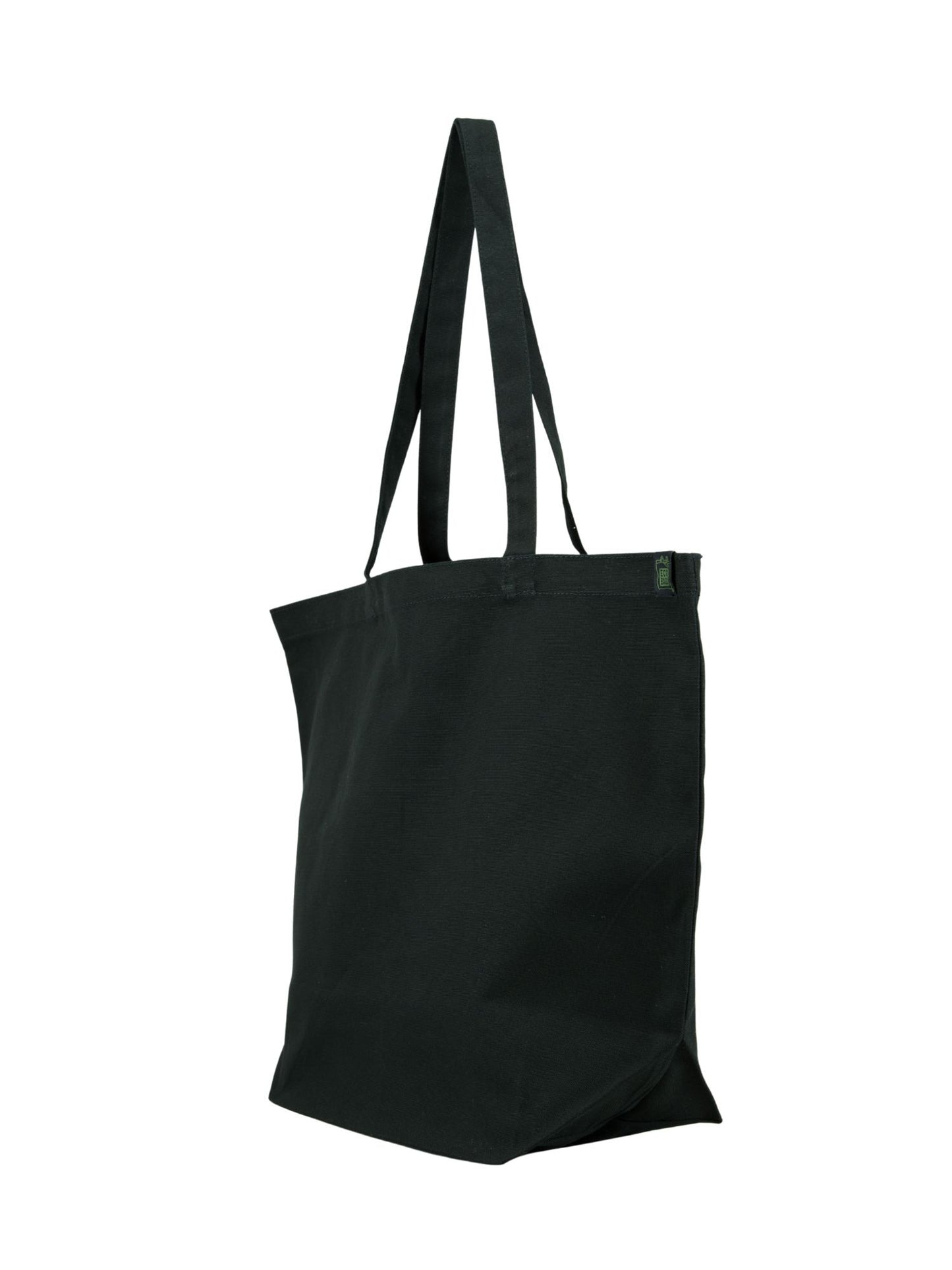 3/4 view of a large black tote bag on a white background