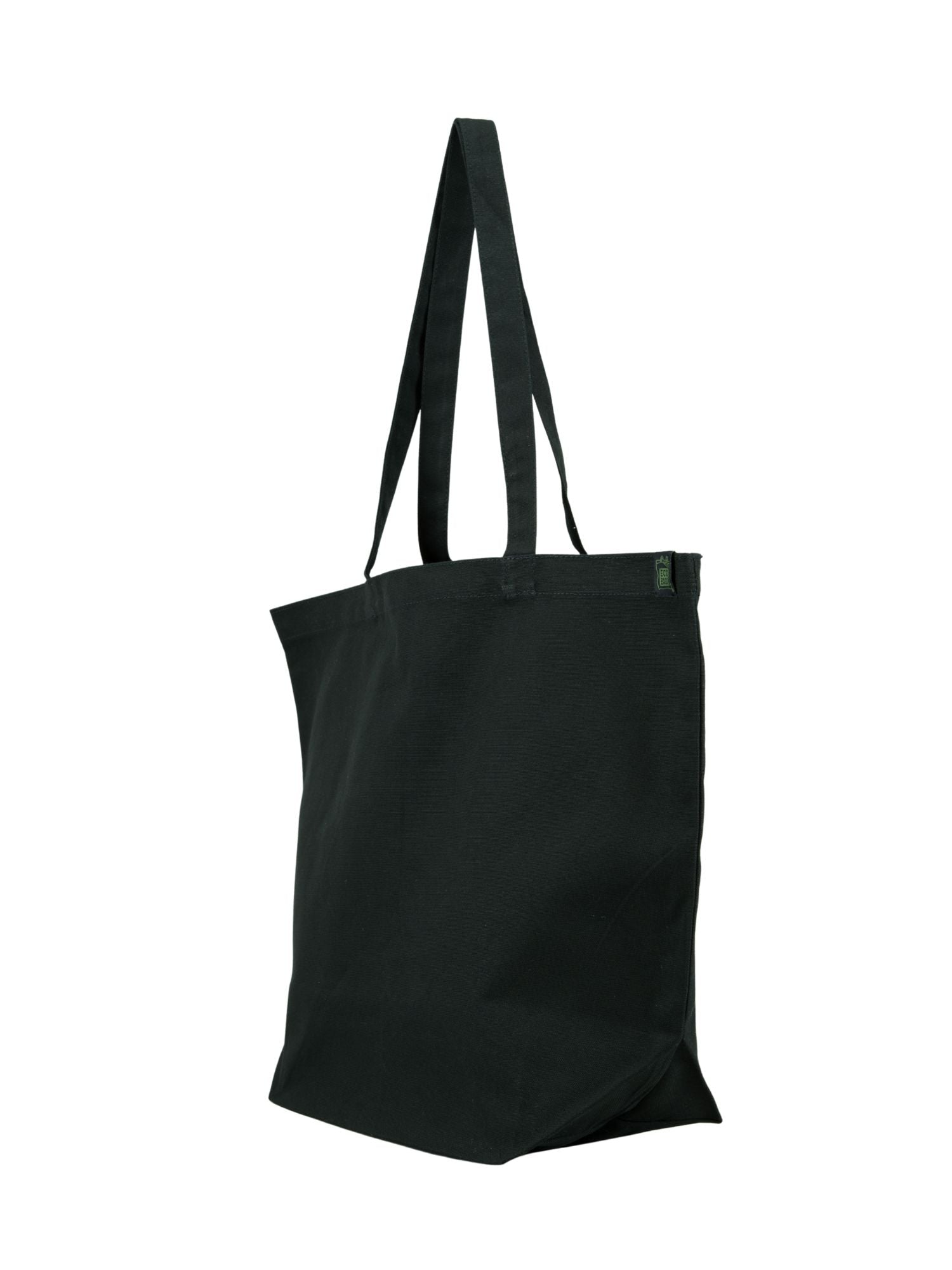 3/4 view of a large black tote bag on a white background